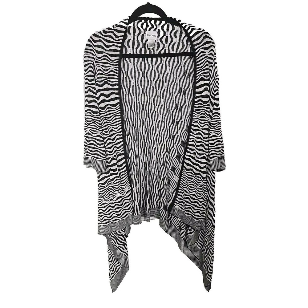 Chico's Black Striped Open Front Handkerchief Hem Cardigan Sweater Women Sz 2 Lg